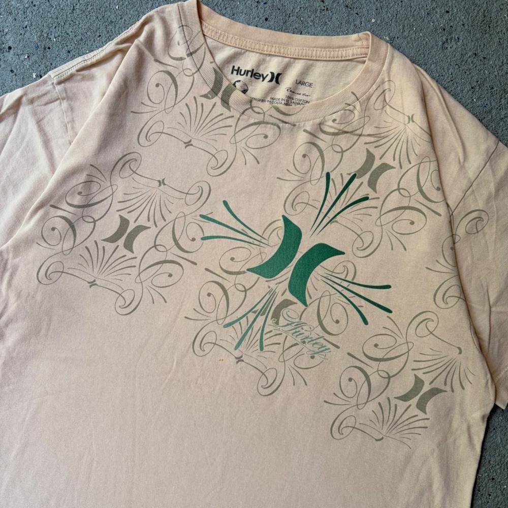 Hurley Mens Graphic T-Shirt Tan Green Filigree Scrollwork Surf Tee Large 100691